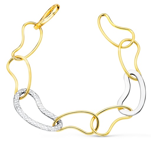 [P13000147] 18K PULSERA ORO BICOLOR ESLABONES BRILLO Y TALLADOS ANCHO 14 MM LARGO 20 CM