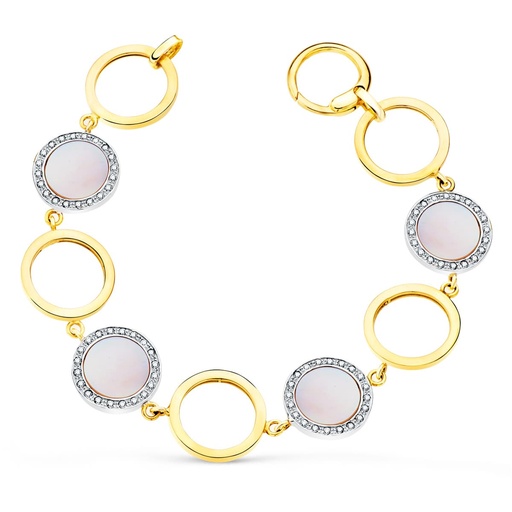 [P13000152] 18K PULSERA ORO BICOLOR CIRCULOS CALADOS 16 MM Y NACAR ROSA 20 CM