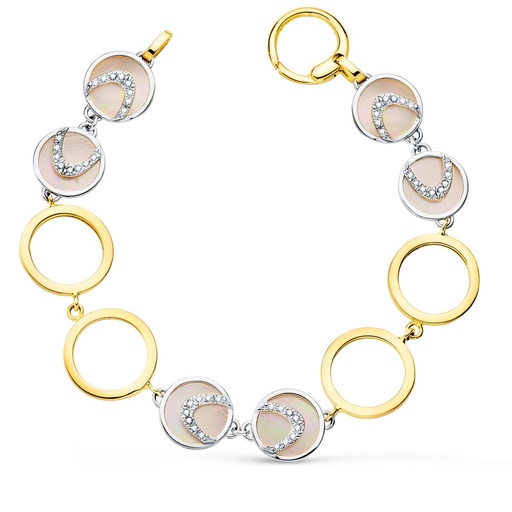 [P13000153] 18K PULSERA ORO BICOLOR CIRCULOS CALADOS 16 MM Y NACAR ROSA 20 CM
