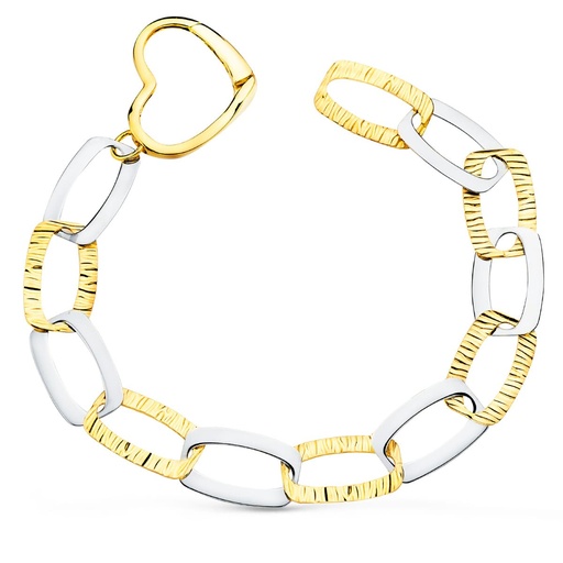 [P13000156] 18K PULSERA ORO BICOLOR ESLABONES Y CIERRE CORAZON ANCHO 20 MM LARGO 22 CM