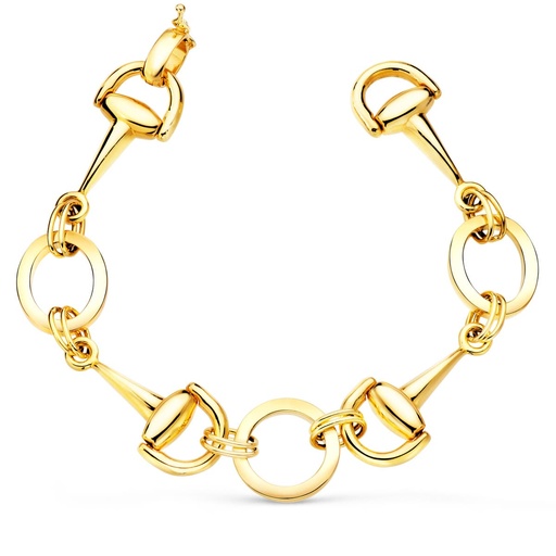 [P13000166] 18K PULSERA ORO AMARILLO ARTICULADA CON ESTRIBOS Y CIRCULOS EN BRILLO 20 CM
