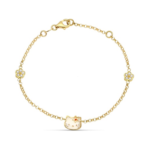 [P13000173] 18K PULSERA ORO AMARILLO ESMALTE GATO Y FLOR CIRCONITAS 18 CM