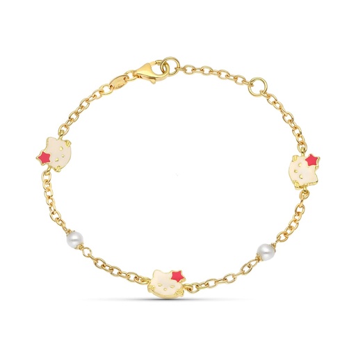 [P13000174] 18K PULSERA ORO AMARILLO PERLA Y ESMALTE GATO 18 CM