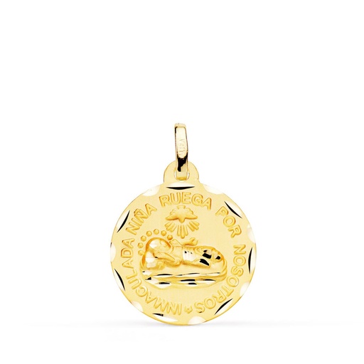 [P13000188] 18K MEDALLA ORO AMARILLO INMACULADA NIÑA RUEGA POR NOSOTROS 18 MM