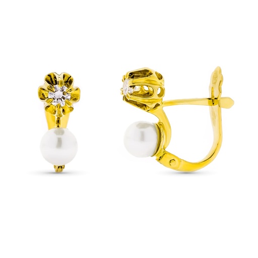 [P1312] 18K PENDIENTES ORO AMARILLO DIAMANTE CON PERLA Y GARRA