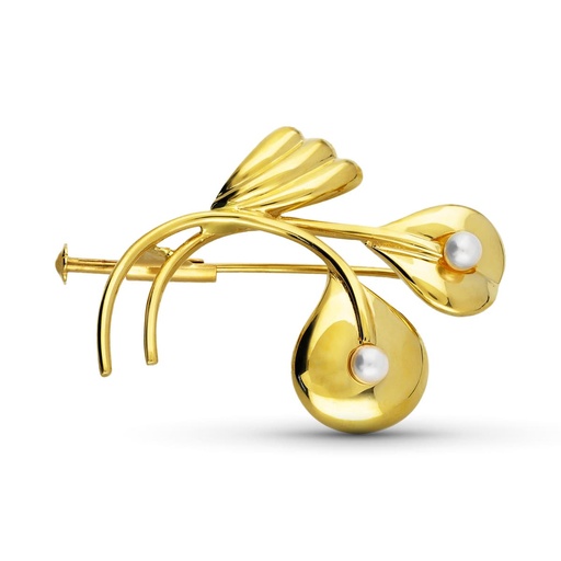 [P13210] 18K BROCHE ORO AMARILLO RAMA 2 PERLA 35X27 MM