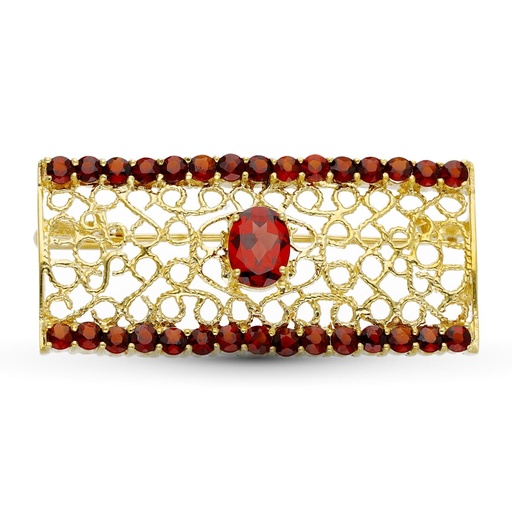 [P13214] 18K BROCHE ORO AMARILLO RECTANGULO GRANATE 43X20 MM