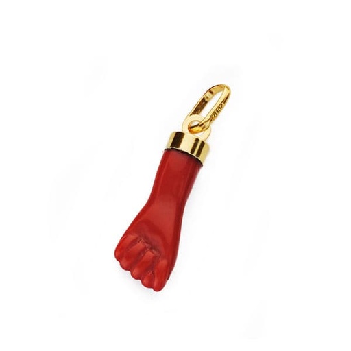 [P13646-R] 18K COLGANTE HIGA PUÑO MANO MEDIANA ROJA 19X6 MM