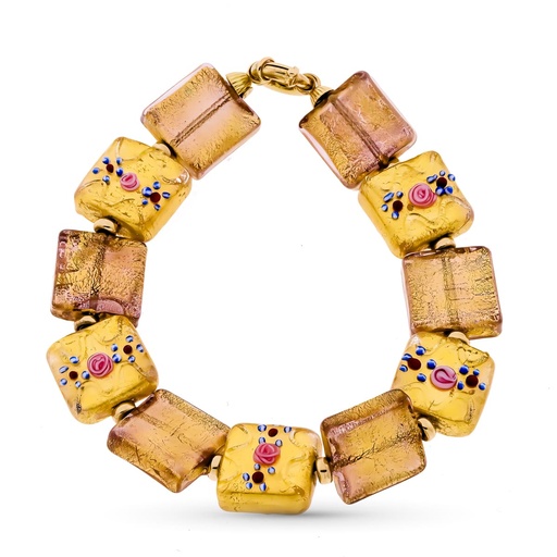 [P13832] 18K PULSERA ORO AMARILLO Y MURANO FLORES PORCELANA