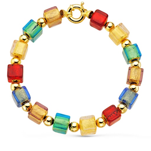 [P13844] 18K PULSERA ORO AMARILLO CUBOS CRISTAL MURANO 9X9 MM Y BOLAS LISAS 6 MM 21.5 CM