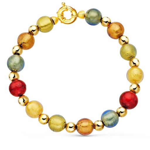 [P13845] 18K PULSERA ORO AMARILLO BOLAS CRISTAL MURANO 10 MM Y BOLAS LISAS 6 MM 21 CM