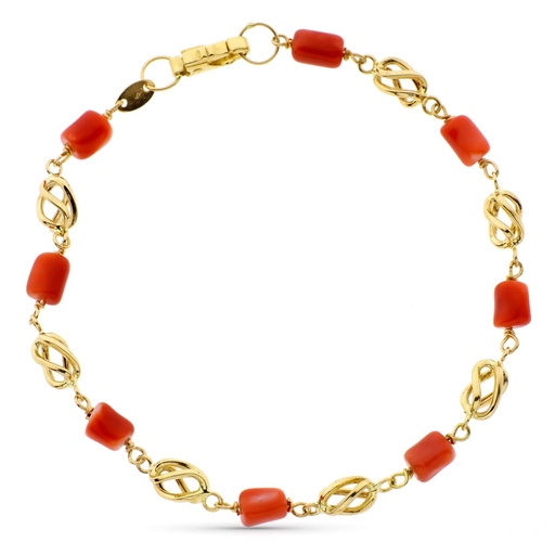 [P14000351] 18K PULSERA ORO AMARILLO CON JAULAS Y CORAL FINO JAPONES 19 CM