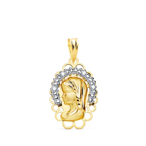 [P14000365] 18K MEDALLA ORO BICOLOR VIRGEN NIÑA CORONA CON CIRCONITAS 21X14 MM