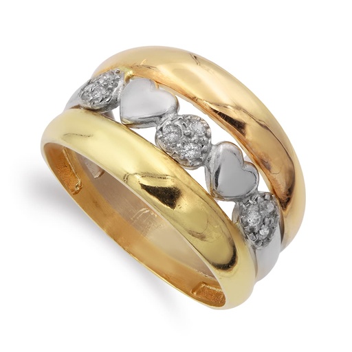 [P14142] 18K SORTIJA ORO TRICOLOR BANDAS CON CORAZONES ANCHO 13 MM