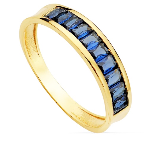 [P14243-AZ] 18K SORTIJA ORO AMARILLO CIRCONITAS AZULES TALLA BAGUETTE. ANCHO 4.5 MM