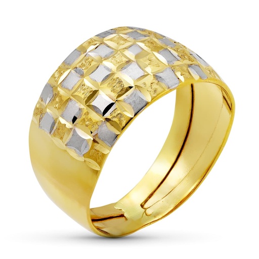 [P14322] 18K SORTIJA ORO BICOLOR DAMERO TALLADA ANCHO 13 MM