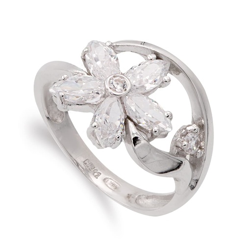 [P14338] 18K SORTIJA ORO BLANCO FLOR CON CIRCONITAS ANCHO 13 MM