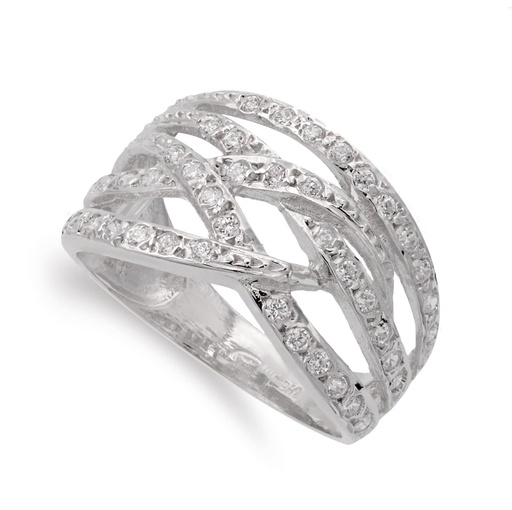 [P14384] 18K SORTIJA ORO BLANCO BANDAS CON CIRCONITAS ANCHO 12 MM CUERPO 4 MM