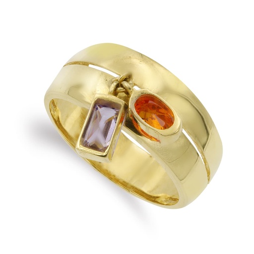 [P14404-ATNJ] 18K SORTIJA ORO AMARILLO DOS PIEDRAS AMATISTA Y NARANJA