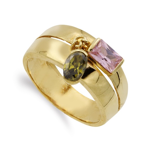 [P14404-RSOL] 18K SORTIJA ORO AMARILLO DOS PIEDRAS ROSA Y VERDE