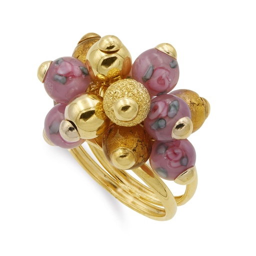 [P14452] 18K SORTIJA ORO AMARILLO DOBLE CON BOLITAS DE MURANO ANCHO MOTIVO 22X15 MM