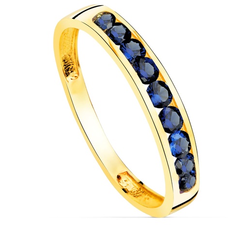 [P14481-AZ] 18K SORTIJA ORO AMARILLO 9 CIRCONITAS AZULES. ANCHO CUERPO 3.5 MM