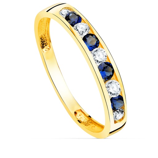 [P14481-CIAZ] 18K SORTIJA ORO AMARILLO 9 CIRCONITAS BLANCAS Y AZULES. ANCHO CUERPO 3.5 MM