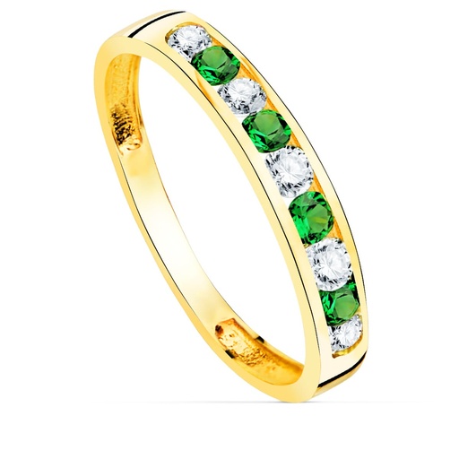 [P14481-CIVE] 18K SORTIJA ORO AMARILLO 9 CIRCONITAS BLANCAS Y VERDES. ANCHO CUERPO 3.5 MM