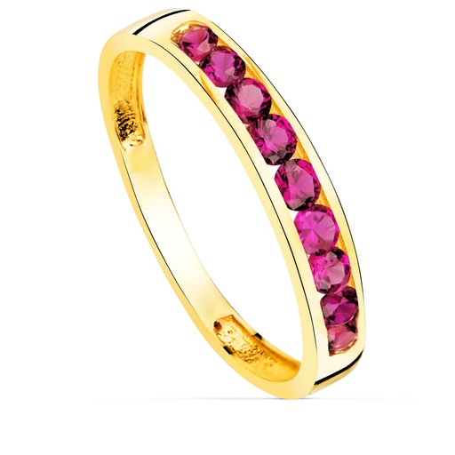 [P14481-RO] 18K SORTIJA ORO AMARILLO 9 CIRCONITAS ROJAS. ANCHO CUERPO 3.5 MM