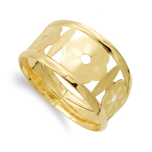 [P14516] 18K SORTIJA ORO AMARILLO FLORES CALADA MATE Y BRILLO 16 MM CUERPO 4 MM