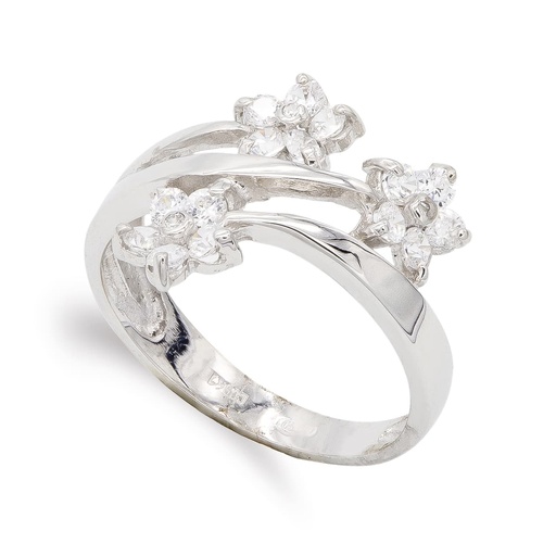 [P14523] 18K SORTIJA ORO BLANCO FLORES Y CIRCONITAS