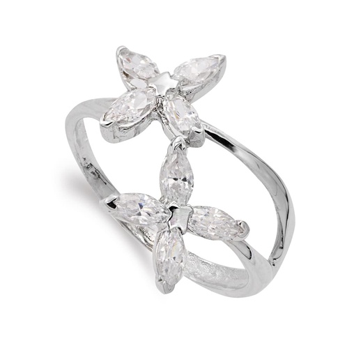 [P14577] 18K SORTIJA ORO BLANCO CON FLORES DE CIRCONITAS