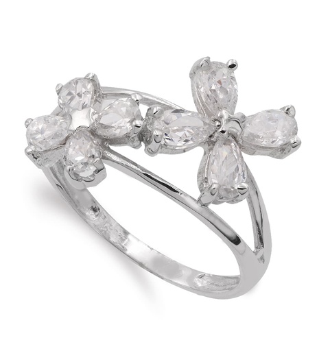 [P14578] 18K SORTIJA ORO BLANCO CON FLORES DE CIRCONITAS ANCHO 13 MM