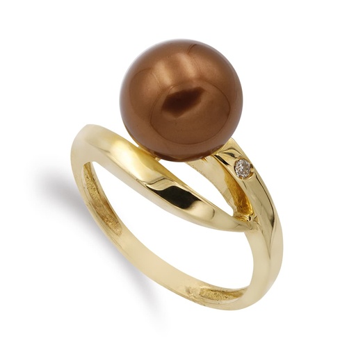[P14609-MR] 18K SORTIJA ORO AMARILLO PERLA MARRON 10 MM CIRCONITA
