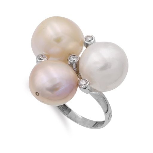 [P14741] 18K SORTIJA ORO BLANCO CON CIRCONITAS Y 3 PERLA BARROCAS ANCHO 25X25 MM
