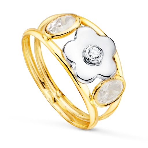 [P14742-CI] 18K SORTIJA ORO BICOLOR FLOR Y CIRCONITAS OVALES. ANCHO CUERPO 9 MM