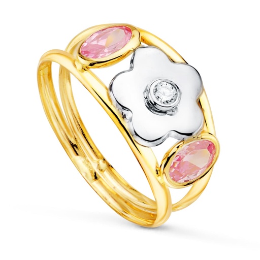 [P14742-RS] 18K SORTIJA ORO BICOLOR FLOR Y CIRCONITAS OVALES AGUAMARINA ANCHO CUERPO 9 MM