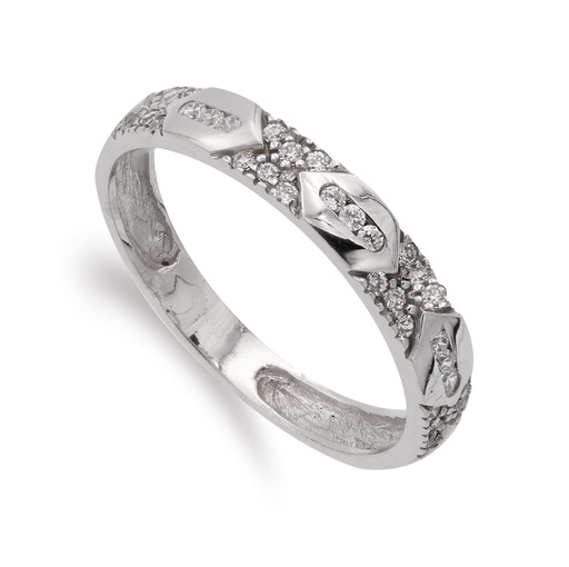 [P14856] 18K SORTIJA ORO BLANCO CON CIRCONITAS Y DETALLES EN BRILLO ANCHO 3.5 MM