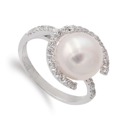 [P14877] 18K SORTIJA ORO BLANCO Y CIRCONITAS CON PERLA 10 MM CUERPO 3 MM