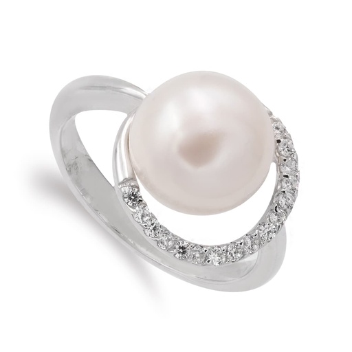 [P14878] 18K SORTIJA ORO BLANCO CON PERLA 10 MM Y CERCO DE CIRCONITAS CUERPO 3 MM