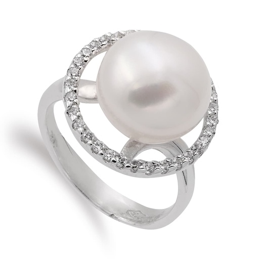 [P14879] 18K SORTIJA ORO BLANCO CON PERLA 10 MM Y CERCO DE CIRCONITAS CUERPO 4 MM