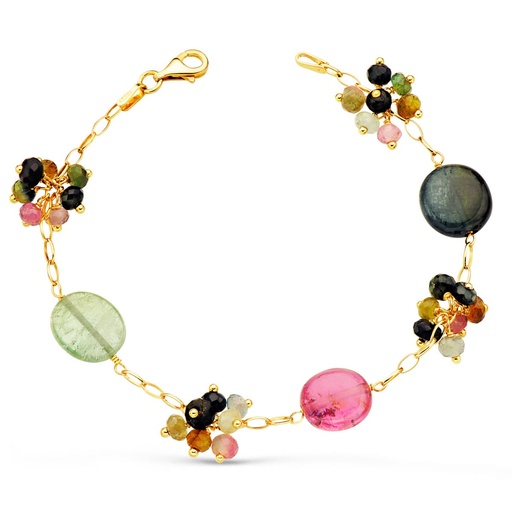 [P15000063] 18K PULSERA ORO AMARILLO ESLABONES Y PIEDRAS DE COLORES. 18.5 CM