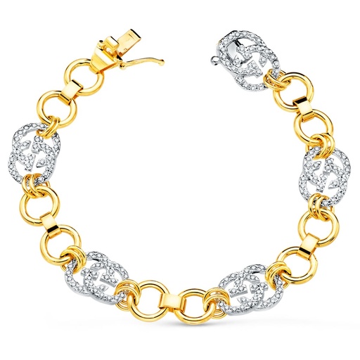 [P15000142] 18K PULSERA ORO BICOLOR ESLABONES BRILLO CIRCONITAS ANCHO 11 MM LARGO 19 CM