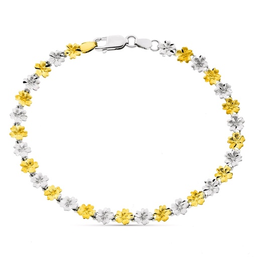 [P15000232] 18K PULSERA BICOLOR FLORES ANCHO 6 MM LARGO 19 CM