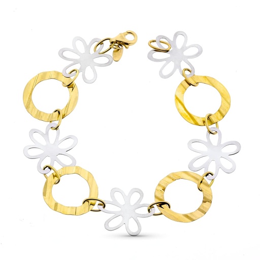 [P15000233] 18K PULSERA BICOLOR FLORES 18.5CM