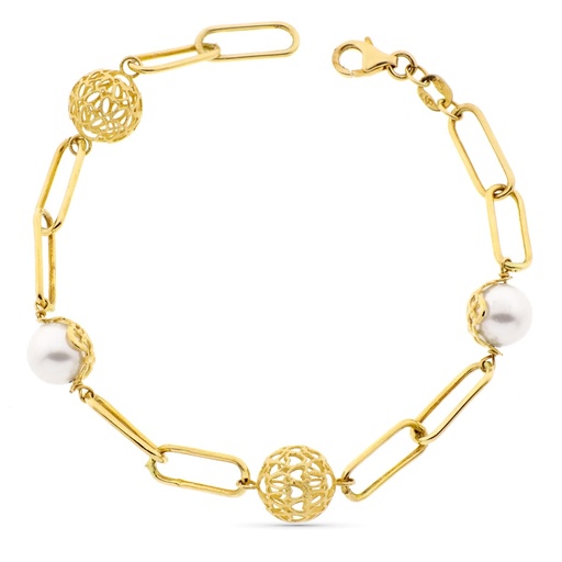 [P15000305] 18K PULSERA ORO AMARILLO PERLA Y BOLAS CALADAS ANCHO 9 MM LARGO 19 CM