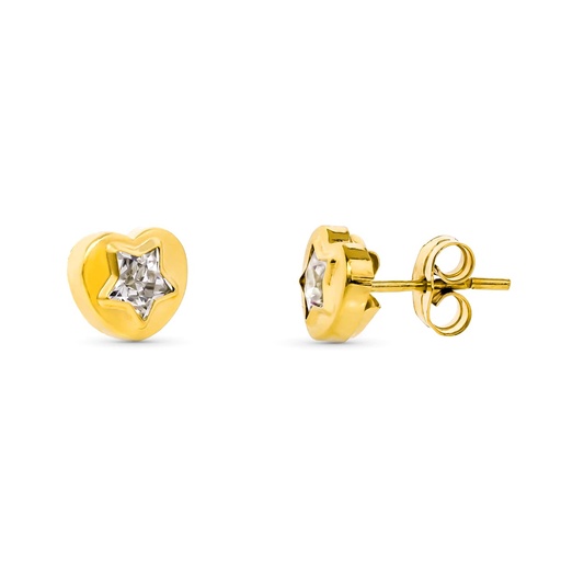 [P15094] 18K PENDIENTES ORO AMARILLO CORAZON CIRCONITAS 8X7 MM CIERRE PRESION