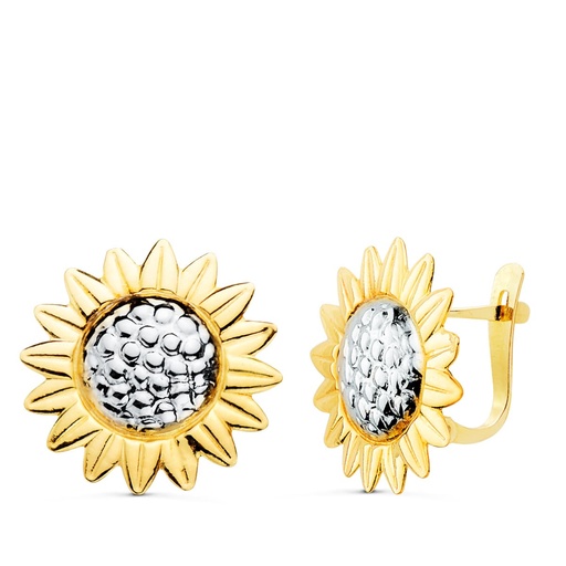 [P15098] 18K PENDIENTES ORO BICOLOR GIRASOL BRILLO 18 MM CIERRE CATALAN