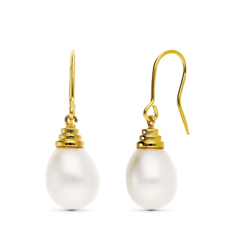 [P15225] 18K PENDIENTES ORO AMARILLO PERLA CULTIVADA 12X10 MM LARGO TOTAL 32 MM CIERRE HIPPIE