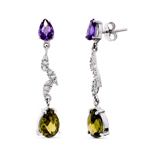 [P15227] 18K PENDIENTES ORO BLANCO LARGO PIEDRAS Y CIRCONITAS 36X7 MM CIERRO PRESION